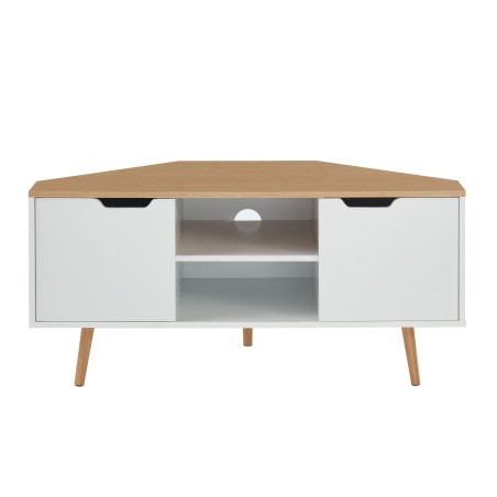 Meuble TV d'Angle LYNA Blanc et Décor Chêne 2 Portes - L115cm