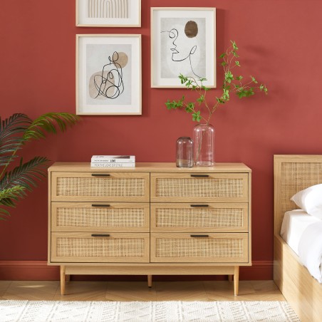 Commode AMANA effet chêne et cannage rotin 6 tiroirs