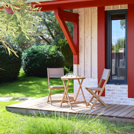 Ensemble table et chaises de jardin RIMINI 2 places en bois d'acacia et textilène taupe