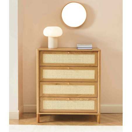 Commode HAIDA 4 tiroirs effet chêne et cannage rotin 42cm