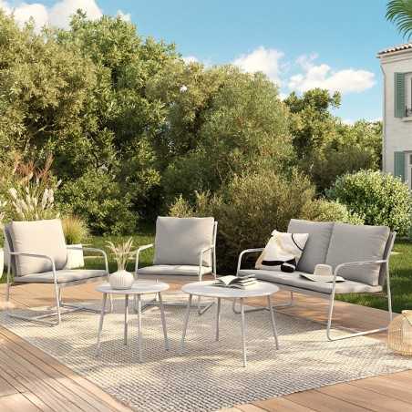 Salon de jardin PANTONE 4 places en acier gris et coussins gris clair